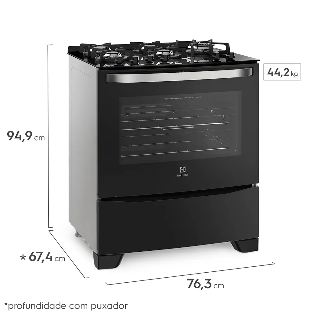 Fogão 5 Bocas Electrolux Preto com Mesa de Vidro e Food Sensor (76GRS)