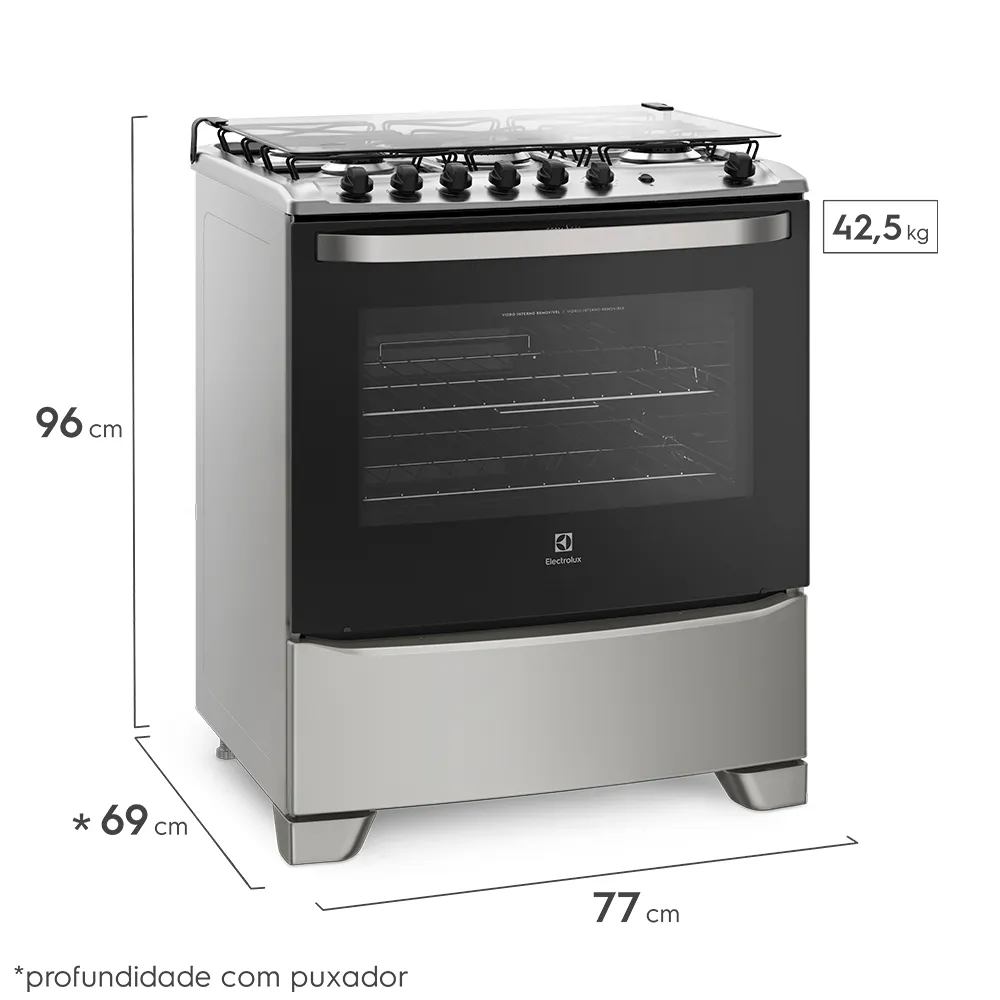 Fogão 5 Bocas Electrolux Prata com Tripla Chama e Forno Easy to Clean (76USQ)