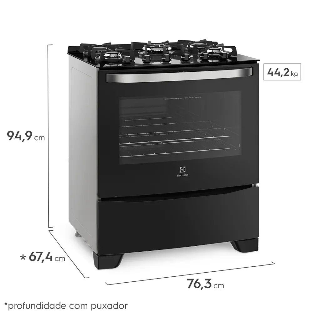 Fogão 5 Bocas Electrolux Preto com Mesa de Vidro e Tripla Chama (76GS)