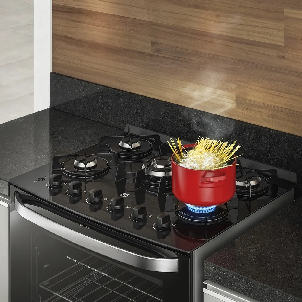 Fogão 5 Bocas Electrolux Preto com Mesa de Vidro e Tripla Chama (76GS)