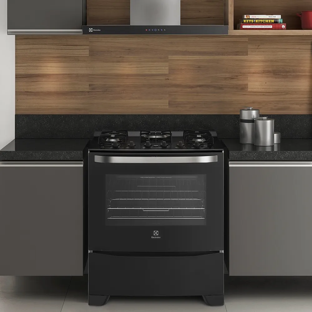 Fogão 5 Bocas Electrolux Preto com Mesa de Vidro e Tripla Chama (76GS)