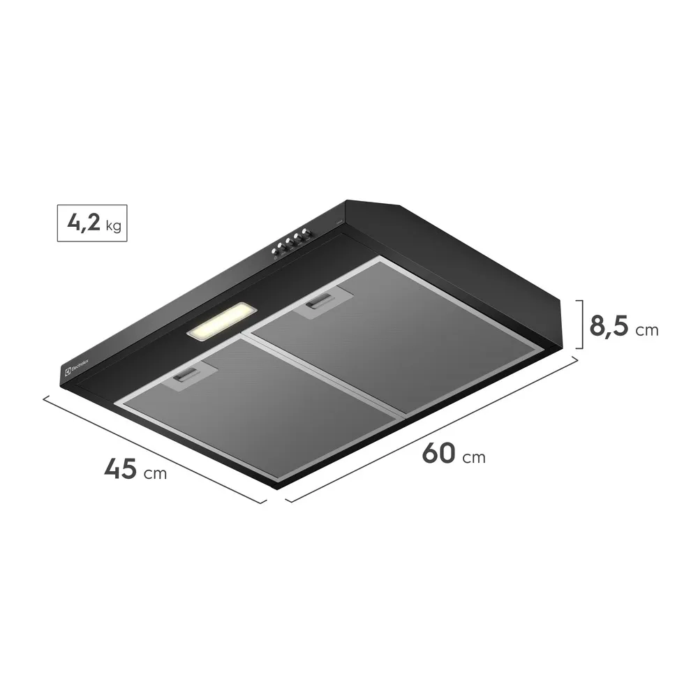 Depurador de Ar Electrolux 60cm Preto Alto Poder de Sucção, Luz LED e Filtragem Dupla (DE6SB)