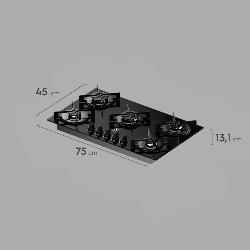 Cooktop 5 Bocas Gás Electrolux Mesa de Vidro Efficient Tripla Chama e Grade Aço Fosco (KE5GT)