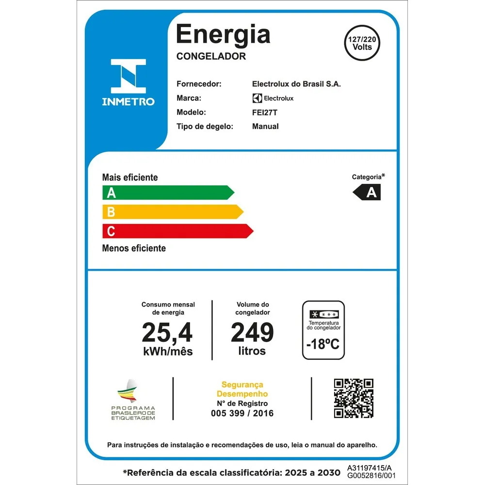 Freezer Vertical Electrolux Efficient 249L SmartBivolt Inverter (FEI27T)