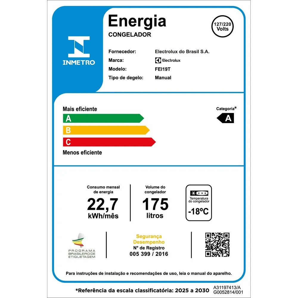 Freezer Vertical Electrolux Efficient 175L SmartBivolt Inverter (FEI19T)