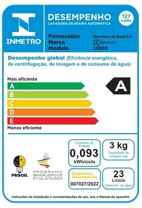 Mini Lava e Seca Electrolux 3kg Branca Compacta de Parede com Água Quente (LSE03)