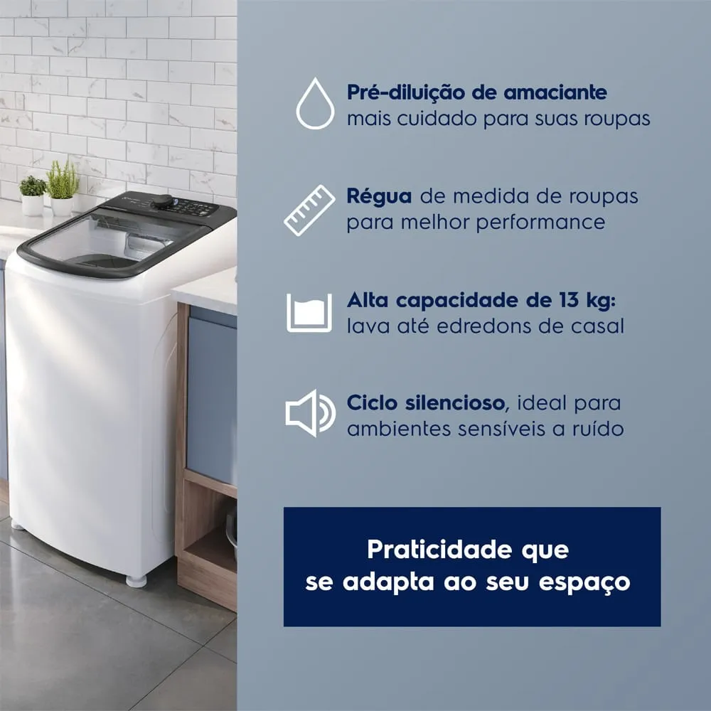 Máquina de Lavar Electrolux Efficient 13kg Branca Compacta, Econômica e Pré-diluição (LET13)