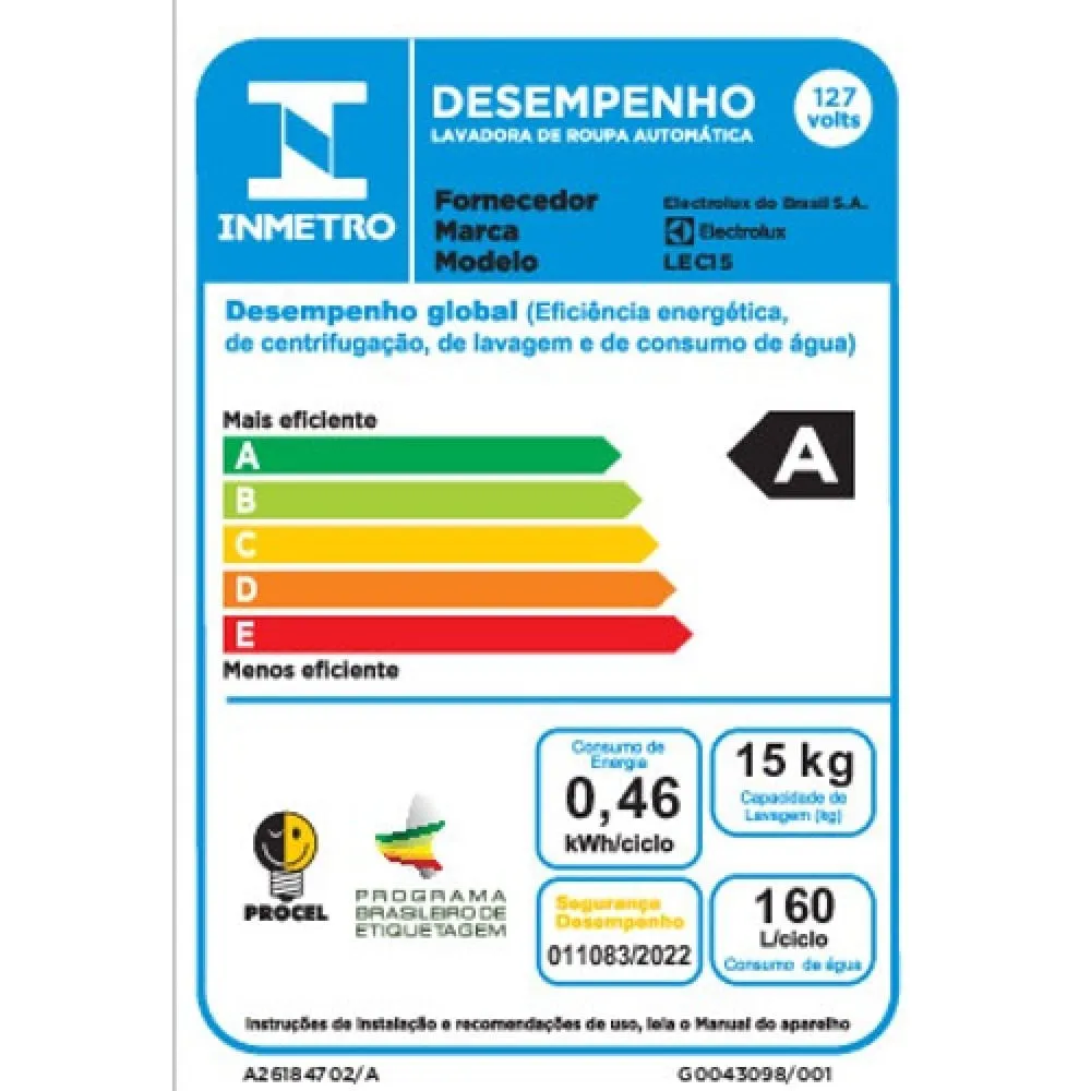 Máquina de Lavar 15kg Electrolux Premium Care com Cesto Inox. Jet&Clean e Time Control (LEC15)