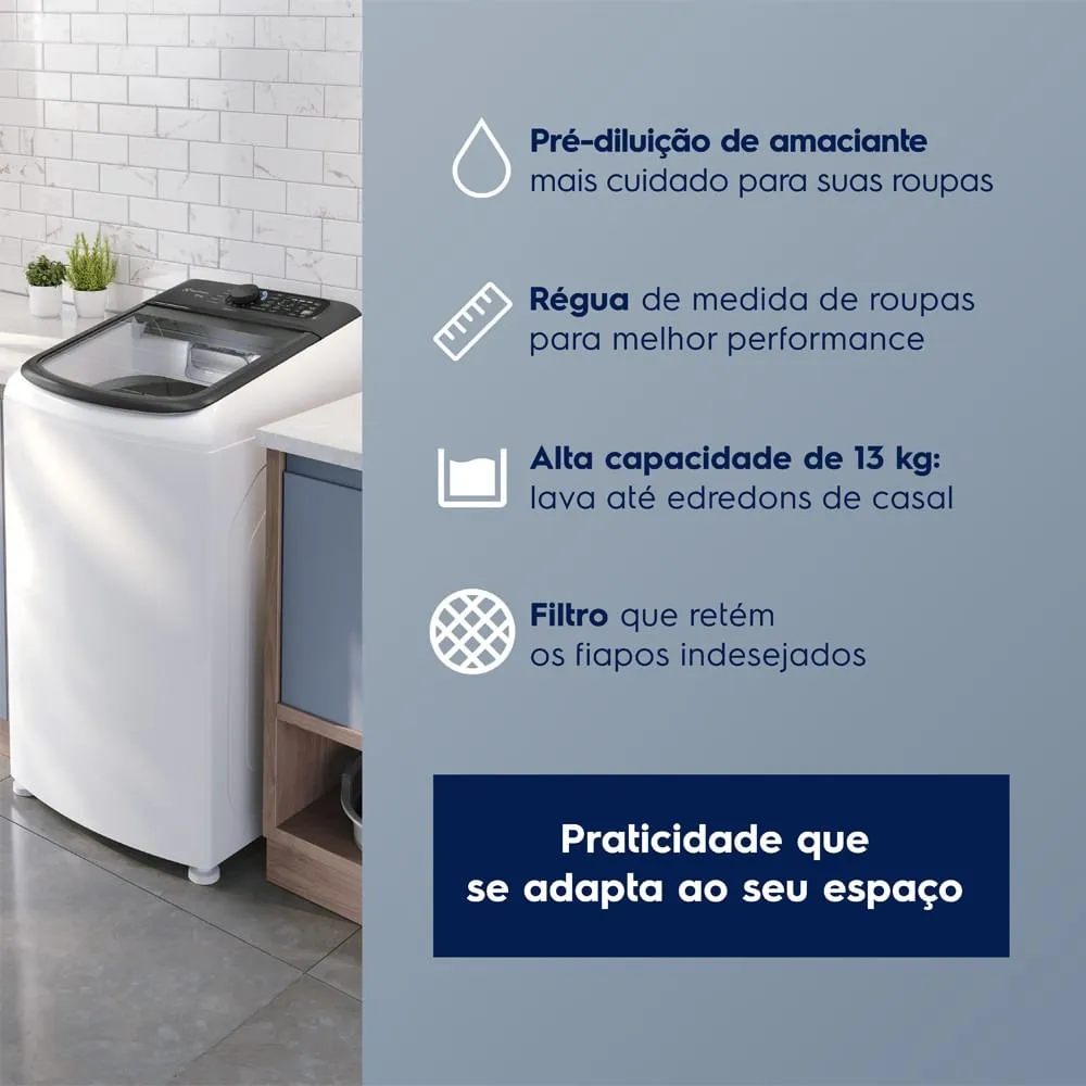 Máquina de Lavar Electrolux Efficient 13kg Branca Compacta, Pré-diluição e MaxFilter (LEM13)