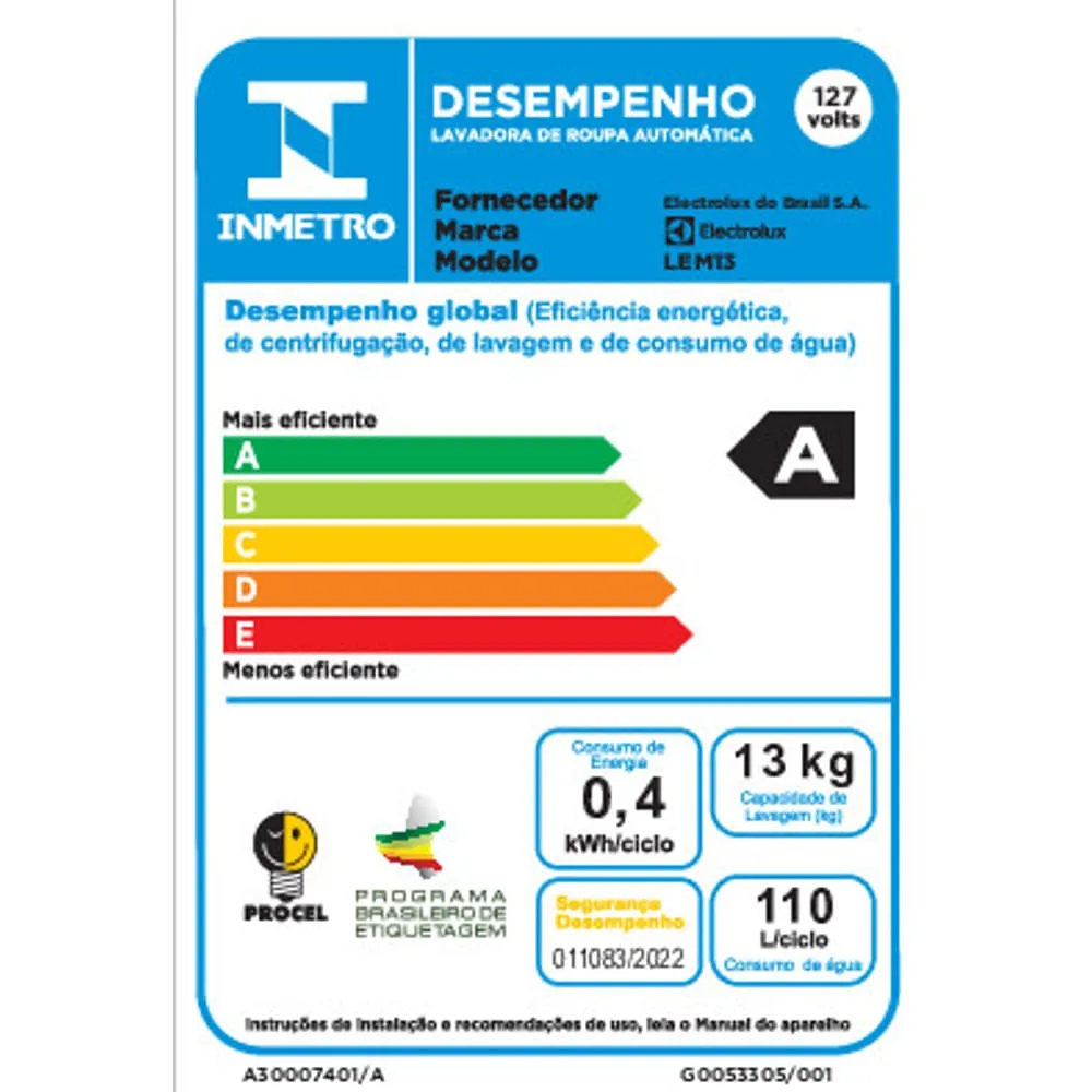 Máquina de Lavar Electrolux Efficient 13kg Branca Compacta, Pré-diluição e MaxFilter (LEM13)