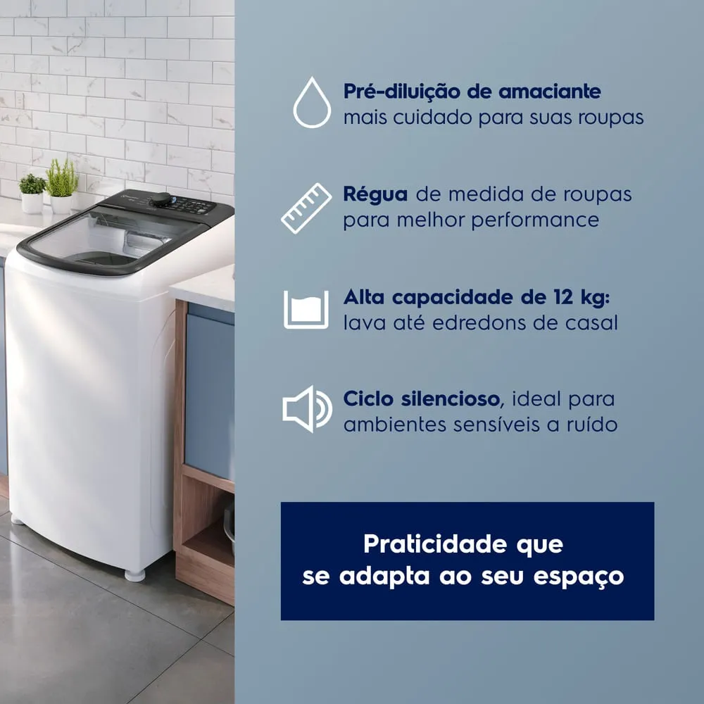 Máquina de Lavar Electrolux Efficient 12kg Branca Compacta, Econômica e Pré-diluição (LET12)