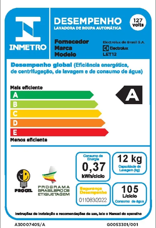 Máquina de Lavar Electrolux Efficient 12kg Branca Compacta, Econômica e Pré-diluição (LET12)