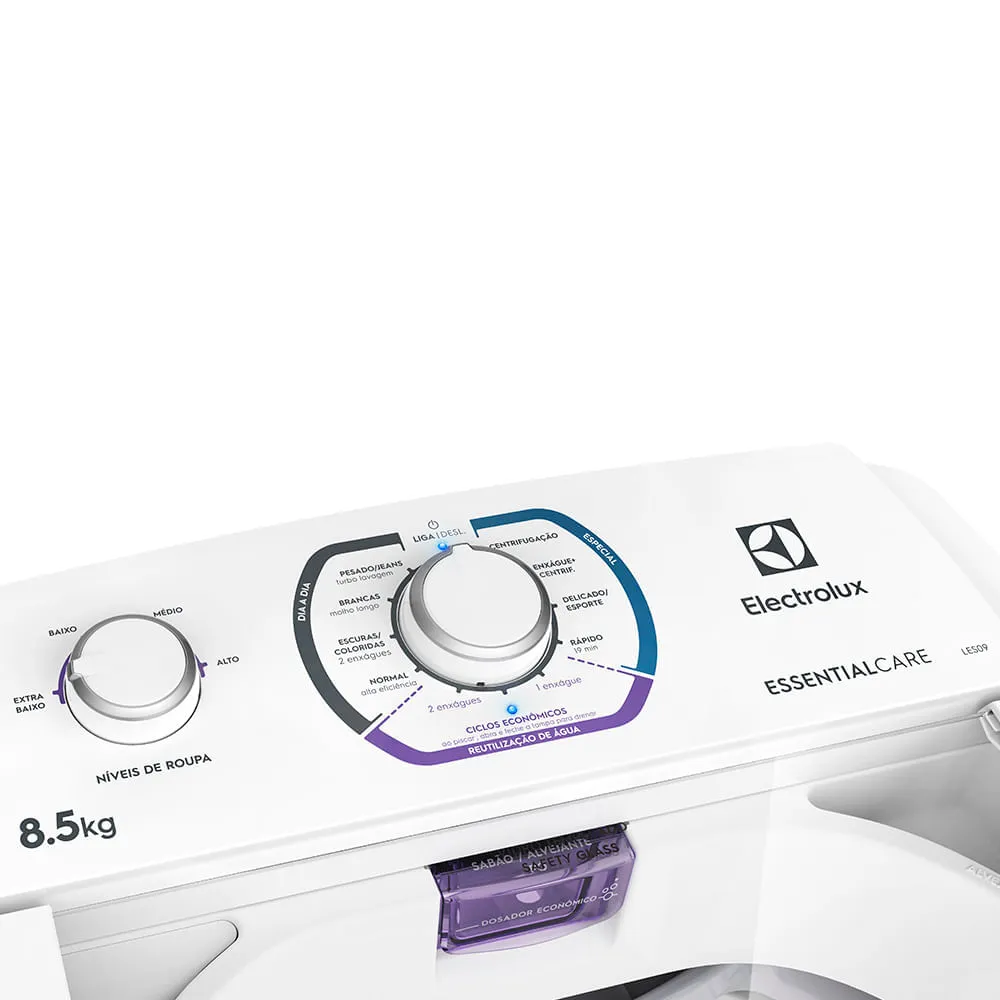 Máquina de Lavar Electrolux 8,5kg Branca Essential Care com Diluição Inteligente e Filtro Fiapos (LES09)