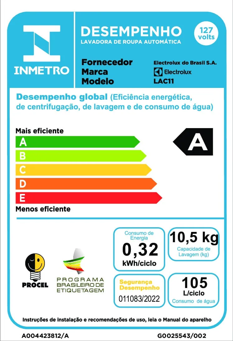 Máquina de Lavar Electrolux 10,5kg Branca Turbo Economia com Jet&Clean e Filtro Fiapos (LAC11)