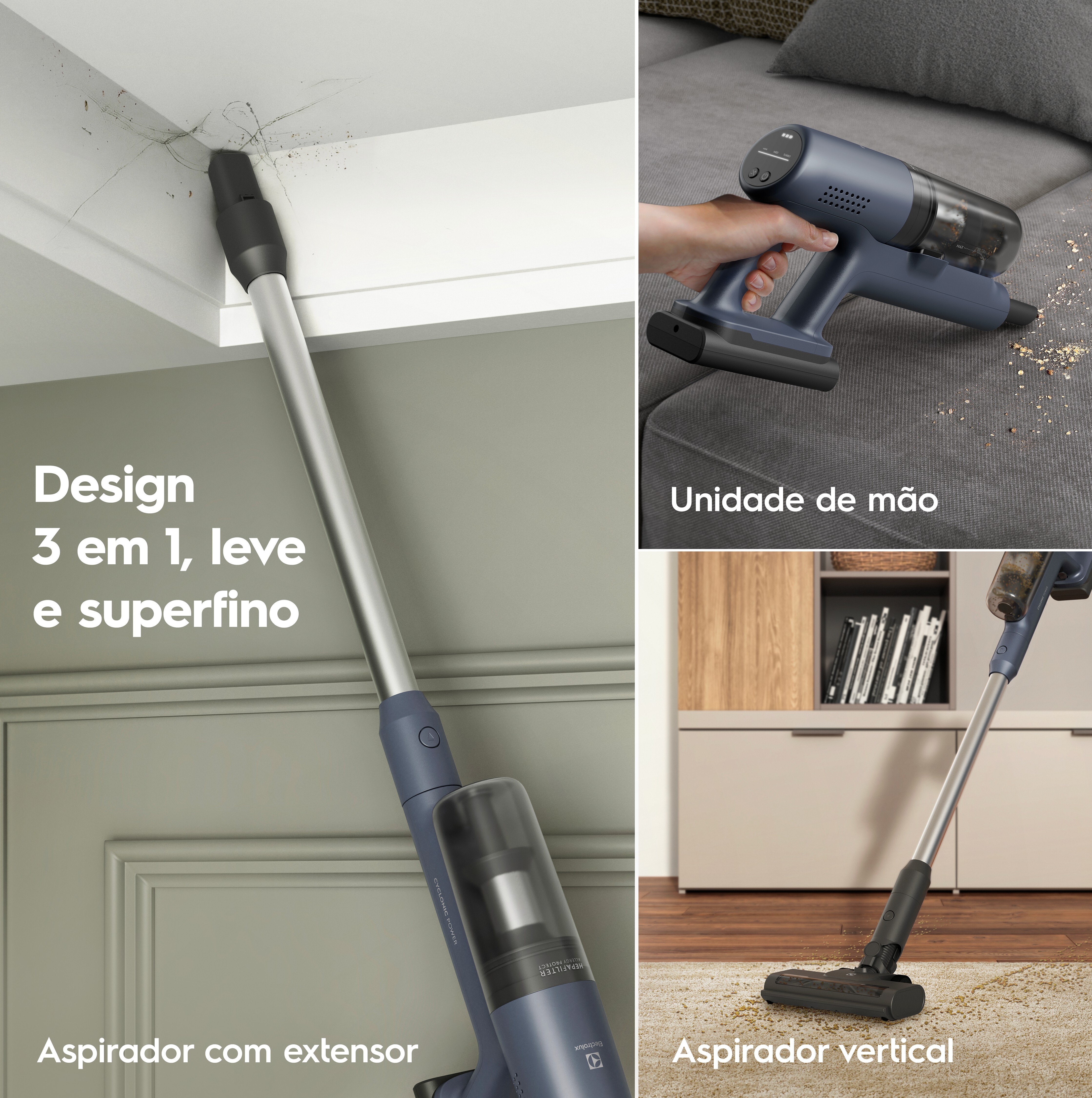 Aspirador de Pó Vertical Sem Fio Electrolux Ergorapido 3 em 1 Cyclonic Power 30 min Azul (PTEC101)