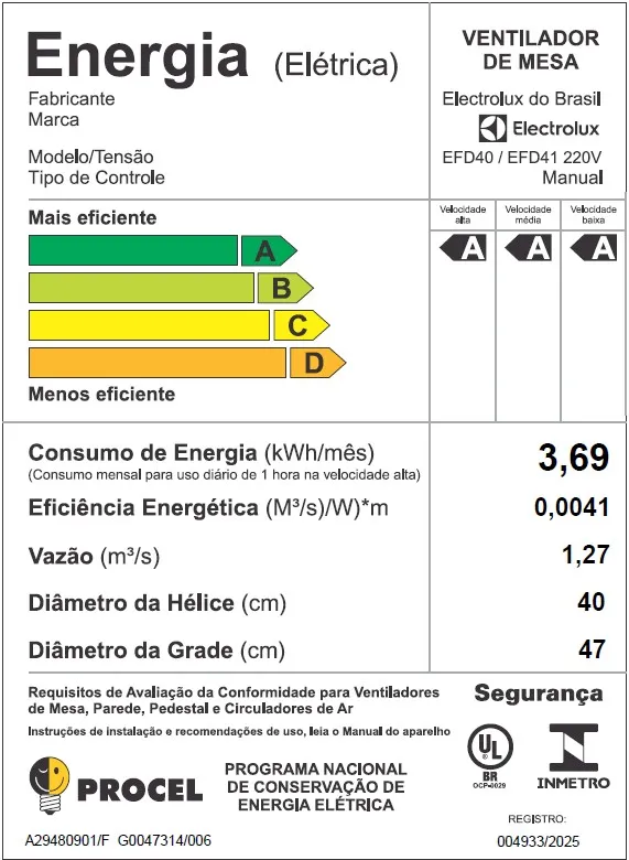 Ventilador de Mesa Electrolux 40cm 6 Pás Efficient DuoForce Air+ Cinza (EFD40)