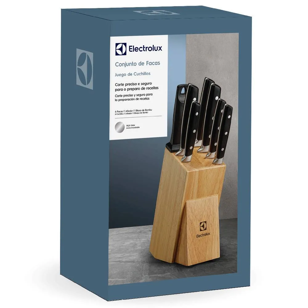 Conjunto de Facas Electrolux 8 Peças Inox com Bloco de Madeira
