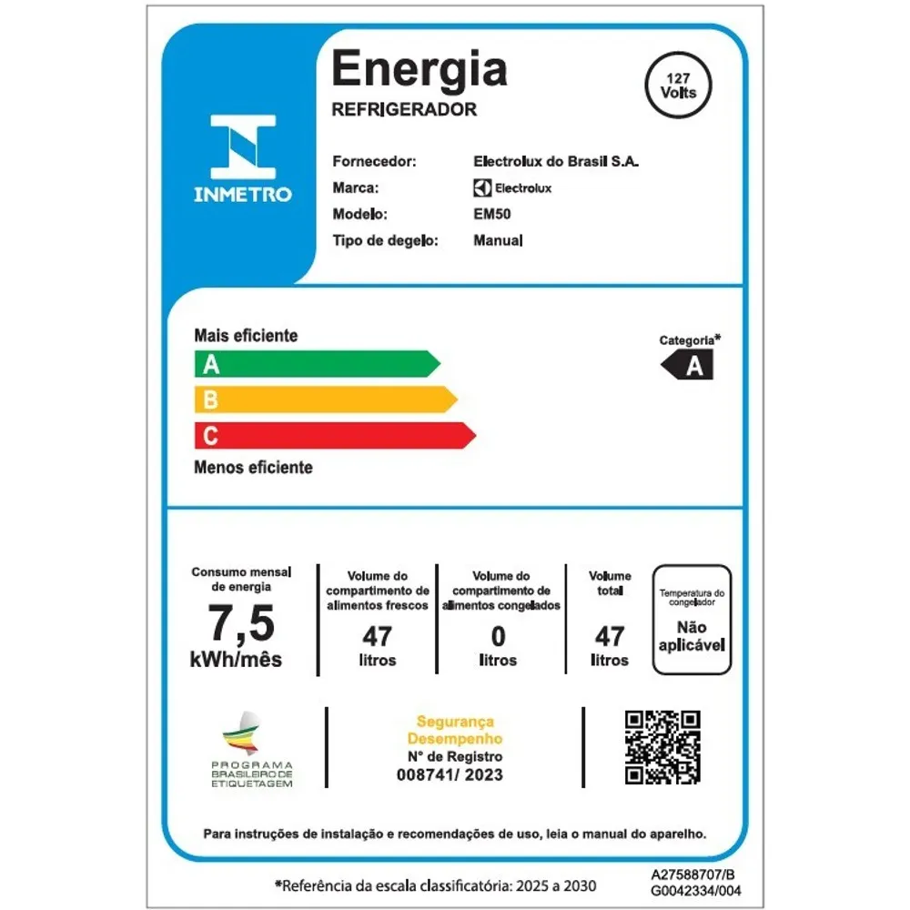 Frigobar Electrolux 47L Efficient com Controle de Temperatura Cor Branca (EM50)