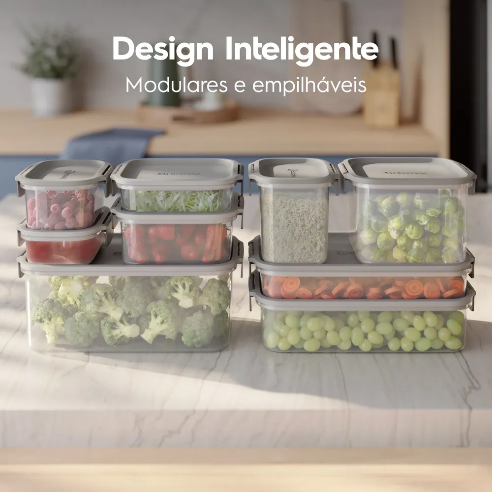 Potes Herméticos de Plástico Electrolux Cinza 3 Unidades Empilháveis Modulares