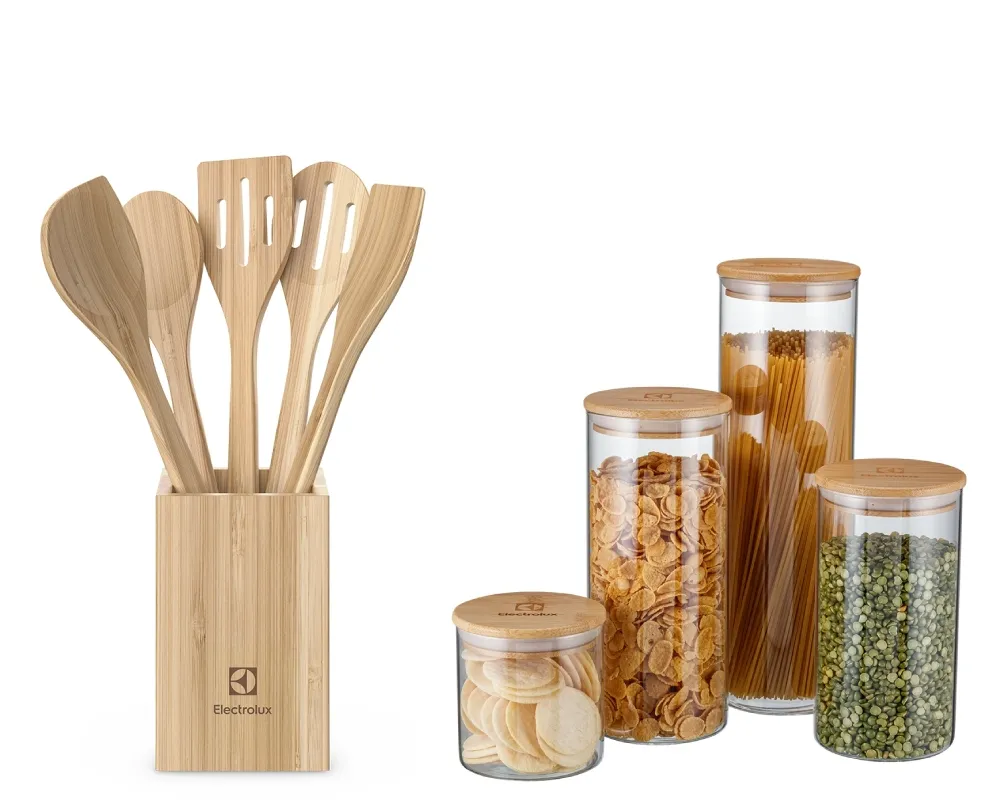 Kit Utensílios de Bambu 6 Peças + Potes Herméticos Porta-Mantimentos com Tampa de Bambu Electrolux