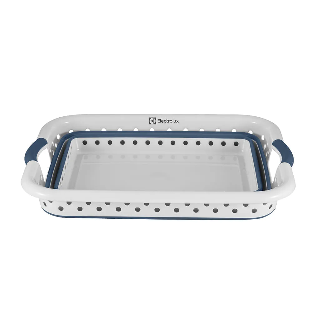 Kit Cesto para Roupas Dobrável Electrolux 40 Litros Branco e Azul + 2 Potes Herméticos Organizadores Electrolux Experience Empilhável Modular 1,75L